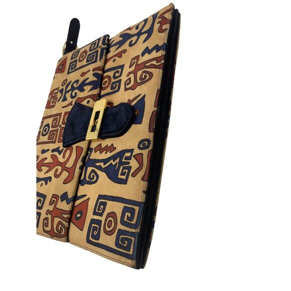 Saks Fifth Avenue Black Multicolor Suede Print Buckle Closure Purse - Picture 10 of 14